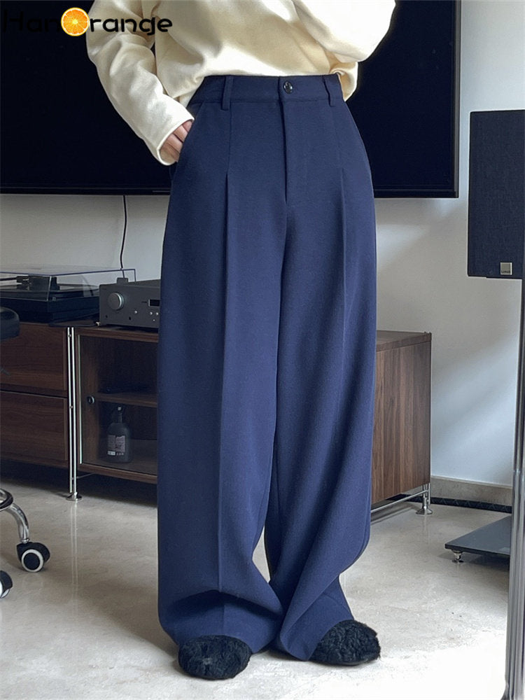 HanOrange 2024 Winter Languid Woolen Wide Leg Pants Casual High Waist Loose Comfortable Thick Trousers Female Grey/Navy