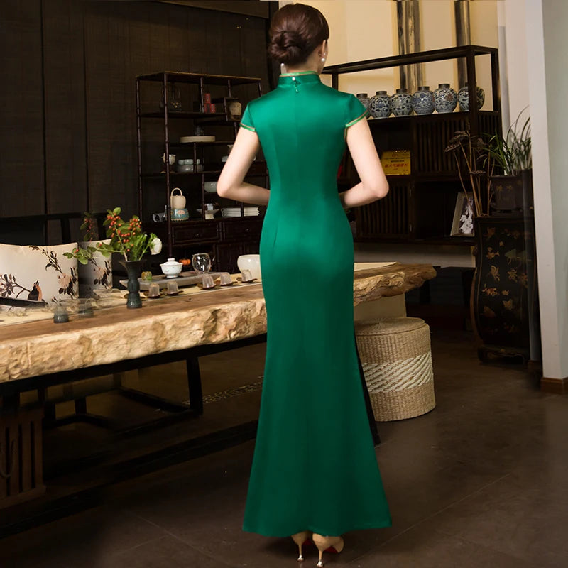 Sexy Green Long Cheongsam Spring Summer Traditional Chinese style Dress Womans Qipao Slim Party Dresses Button Vestido XS-XXXL