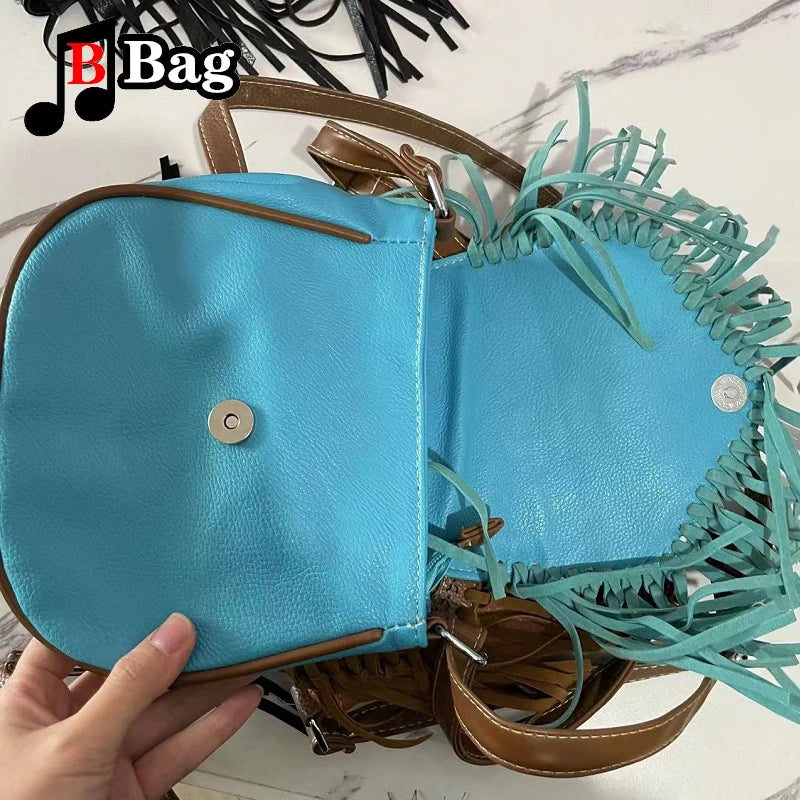 Vintage PU Leather Tassels Bags Y2K Women Girl Gemstone Fringed Shoulder Bags Female Punk Cross Messenger Bags phone bag