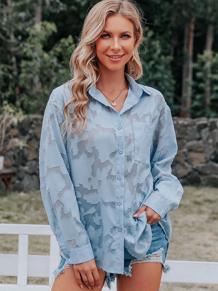 Elegant Long Sleeve Lapel Lace Blouse Office Lady Spring Summer Hollow Out Jacquard Loose Shirt Oversized Tops Luxury Chic Tunic