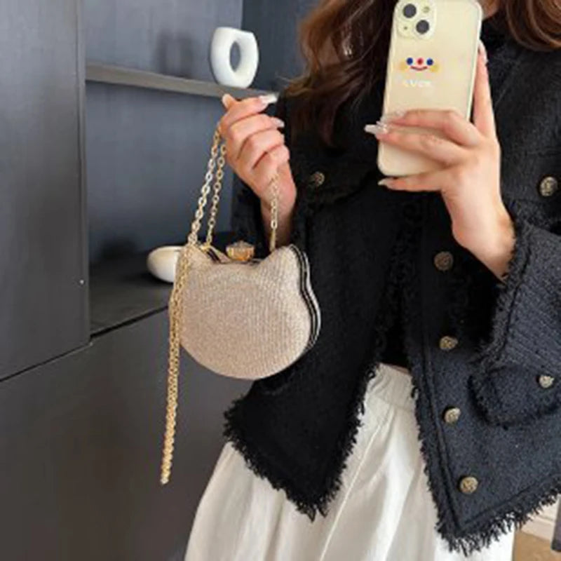 Fashion Ladies Clutch Bag Small Cat Shoulder Handbags Female Party Wedding Shine Evening Bag For Women Diamond Phone Chain Purse