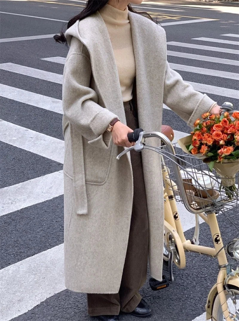 Wool Beige Pocket Belted Long Woolen Coat New Hooded Long Sleeve Women Jacket Fashion Tide Autumn Winter 2025 New