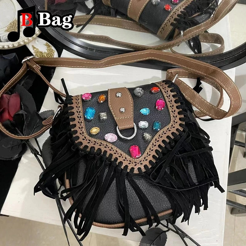 Vintage PU Leather Tassels Bags Y2K Women Girl Gemstone Fringed Shoulder Bags Female Punk Cross Messenger Bags phone bag