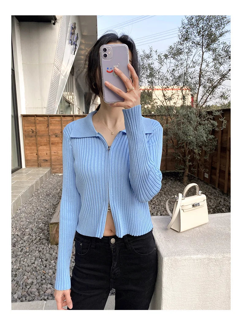 Elegant Korean Knitted Sweater Sexy Lapel Zipper Up Cardigan Women Vintage Harajuku Slim Coat Casual Ribbed Knit Cropped Tops