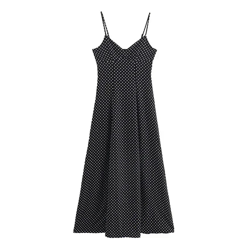 Dot Print Long Slip Dress Women Spring Summer V-neck Sleeveless Backless A-line Dresses Female Party Vintage Robes Lady Holiday