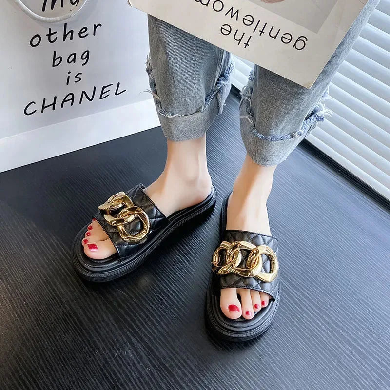 Net Red Fashion Thick Bottom Sandals And Slippers Women's All-match Summer Casual Metal Buckle One-word Slippers