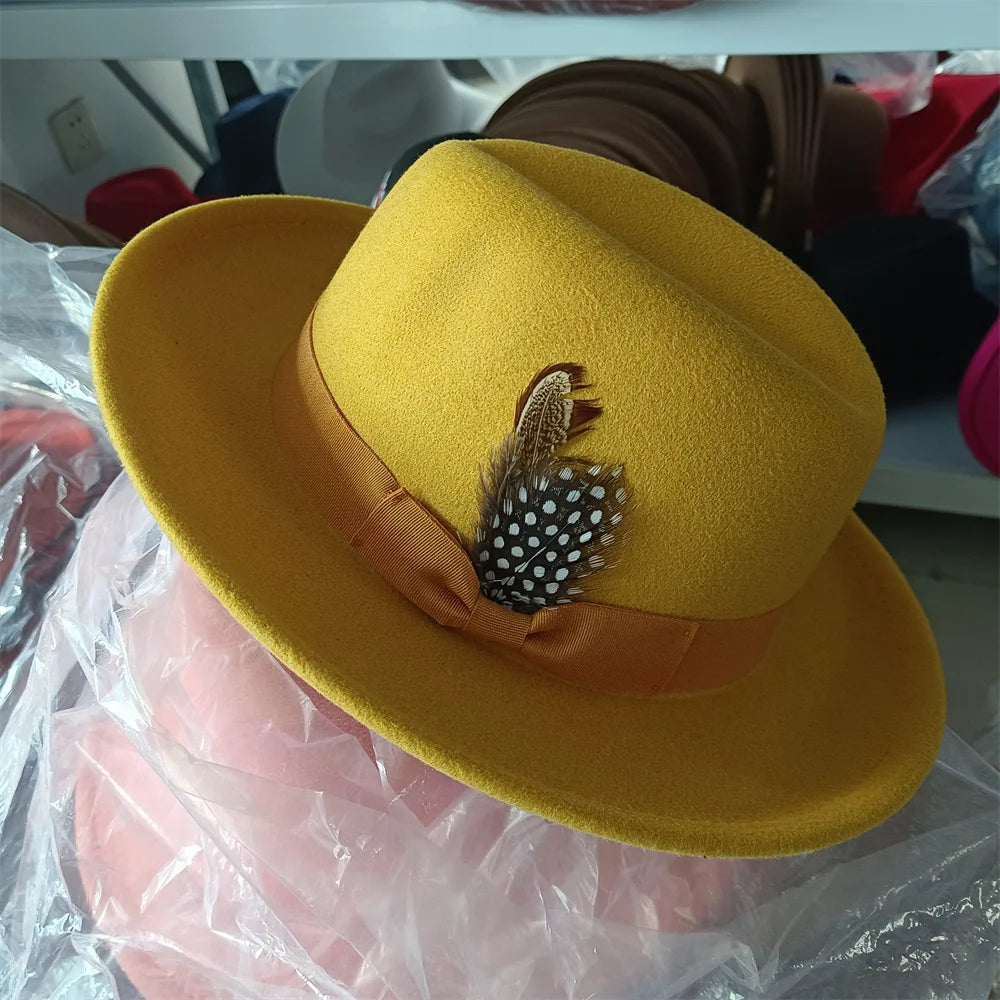 2024 New Fashion Women Men's Fedora Church Roll Up Brim Homburg Jazz Hat Feather Hat Lady Gentleman Gambler Panama Trilby Hat