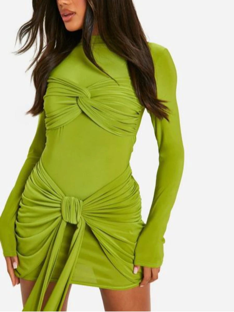 Women's unique design sense unique high-end dress with autumn and winter new pleated knots and waist-hugging sexyshort dress