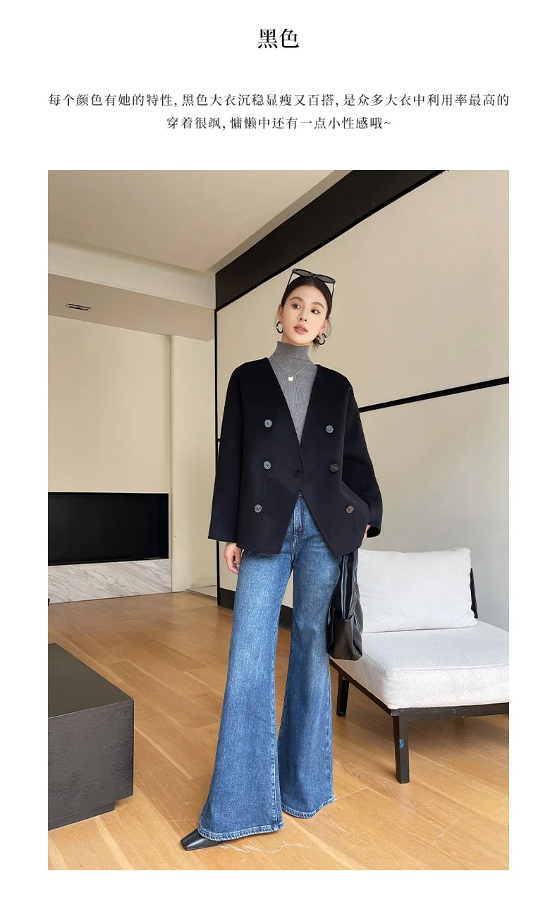 100% women's wool coat, double-sided, warm, high-end, loose, Korean style, short, 2024 autumn and winter new coat