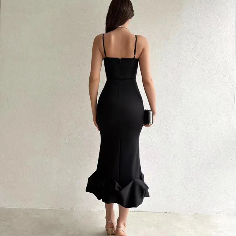Fashion 2023 Women Ruffle Dresses Elegant Bodycon Off Shoulder Formal Dress Chic Ladies Backless Sleeveless Solid Long Dress
