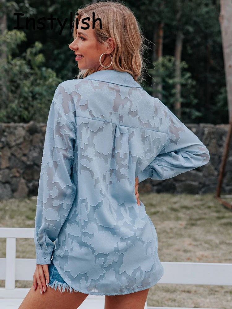 Elegant Long Sleeve Lapel Lace Blouse Office Lady Spring Summer Hollow Out Jacquard Loose Shirt Oversized Tops Luxury Chic Tunic