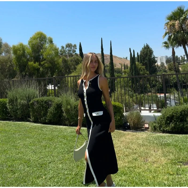 Women Sexy Black Knit Short Pants Suit Elegant Sleeveless Double Pockets Single Breasted Buckle Top 2-piece Set 2025 New Outfits