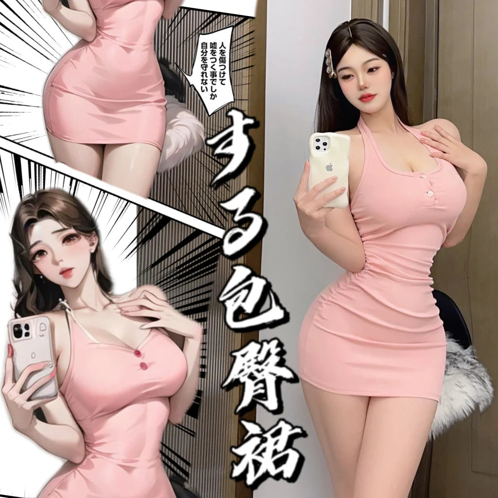 Sexy WOMENGAGA New Halter Neck Strap Summer Beach Mini Dress Elegant Streetwear Tops Frocks Korean Style Cute Girl Sweet 295C