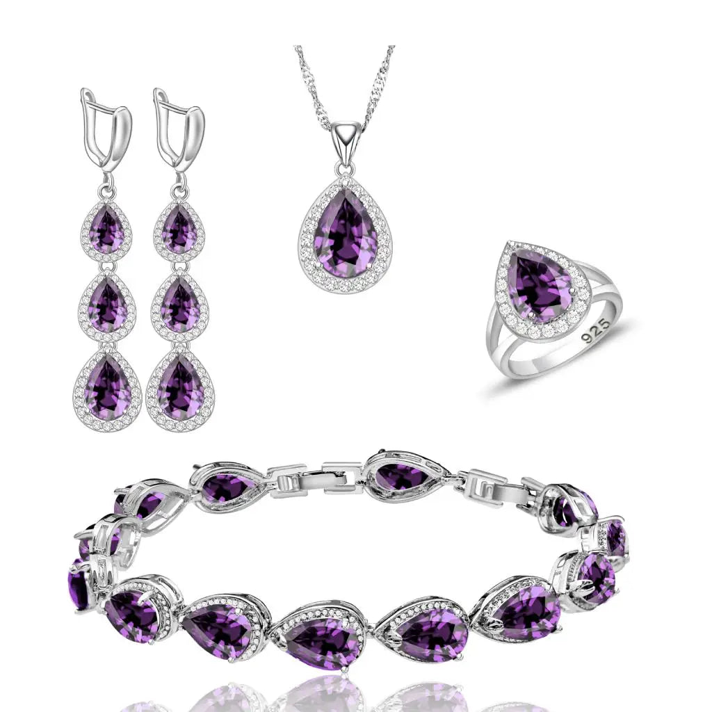 Wedding Bride Silver 925 Jewelry Sets Women White Topaz Long Earrings Bracelet Necklace Rings Luxury Fashion Set Dropshipping