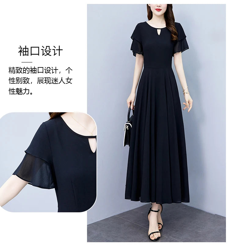 2024 Black Chic Ruffled Short Sleeve Midi Vestidos Women Vintage Hepburn Prom Long Robe Summer Solid Elegant Bodycon Party Dress