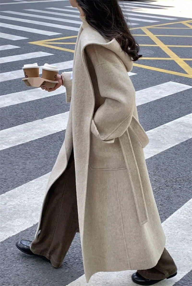 Wool Beige Pocket Belted Long Woolen Coat New Hooded Long Sleeve Women Jacket Fashion Tide Autumn Winter 2025 New