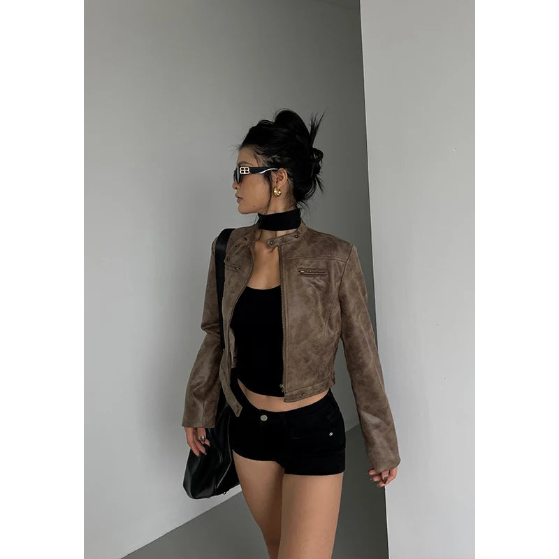 WOMENGAGA Stand Collar Jacket Leather Short Coat Women Autumn New Straight Tube Slim Short Motorcycle Jacket Korean Sweet D8FN