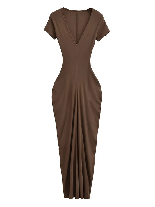 Spicy Girl Sexy Short Sleeved Dress 2024 Summer New High Waist Wrapped Hip Tight Large V-neck Long Dress 90AU