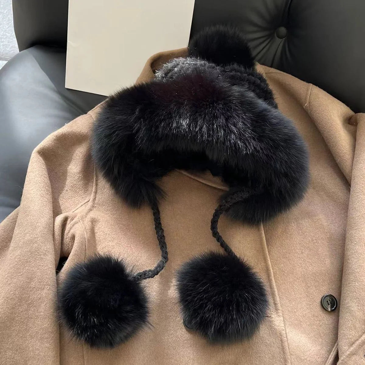 Real Mink Fur Hat For Women Winter Natural Fur Lei Feng Hat With Fox Fur Ball Thicked Ear Protection Hat Female Hand Knitted Hat