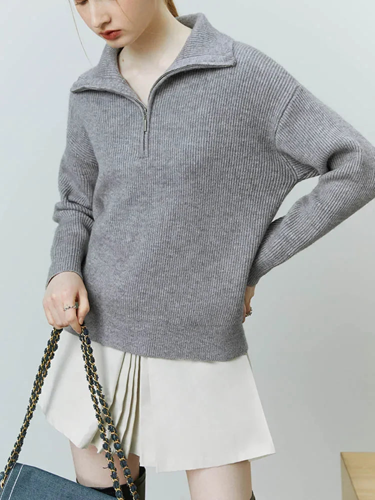 Women's Winter Sweaters Solid Grey Ladies Turtleneck Casual Loose Thick Zippers Pullovers Beautiful Oversized Sweater Women