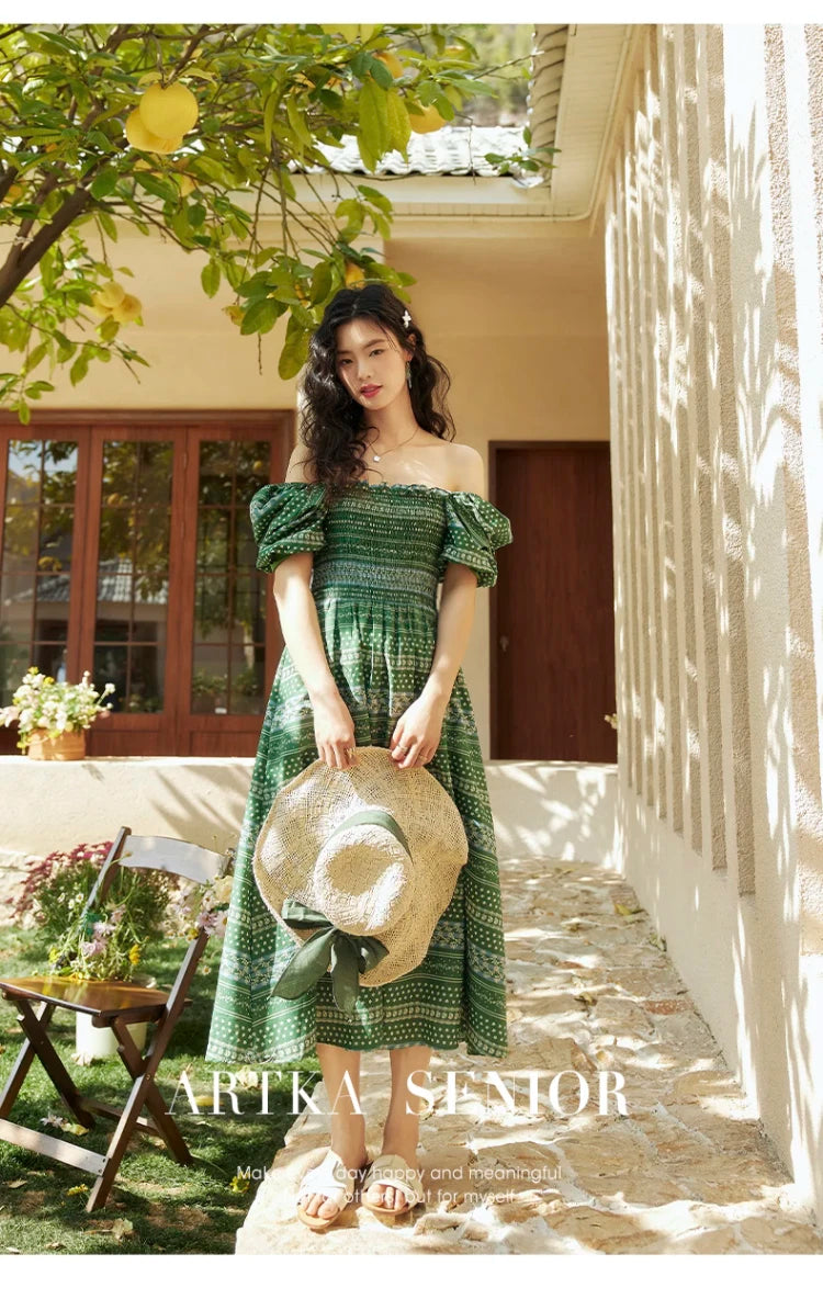 ARTKA 2023 Summer New Women Dress Vintage Print Green Square Collar Dresses Short Puff Sleeve A-line Long Dress Female LA92038X