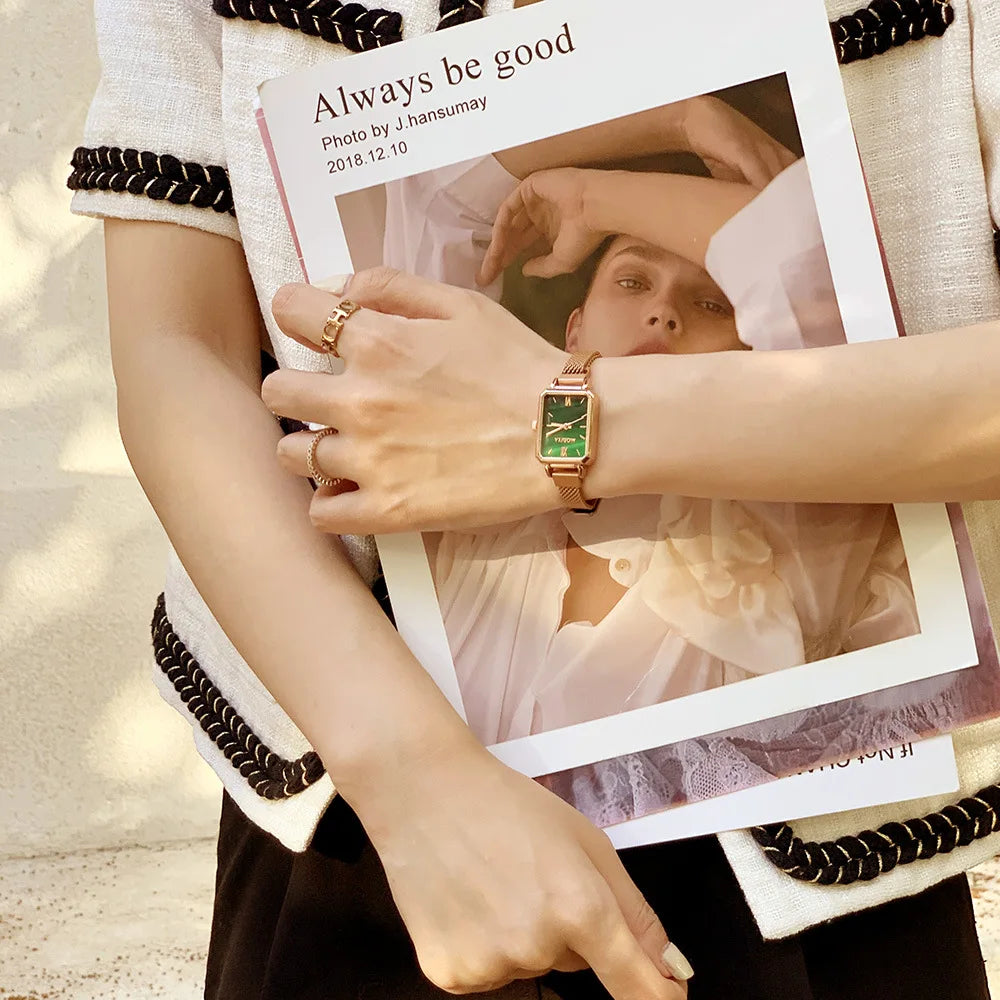 Fashion Square Dial Watches for Women Ladies Quartz Wristwatches Magnetic Strap Green Dial Simple Mesh Luxury Women Watch Часы