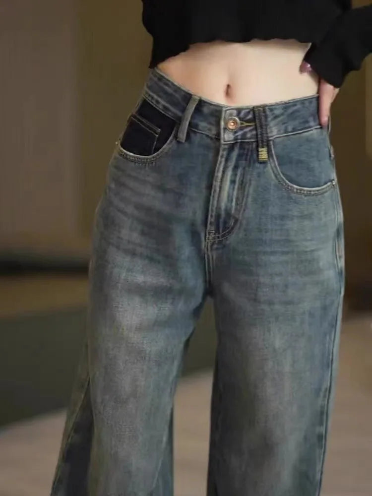 Spring Autumn Korean Fashion Streetwear High Waist Wide Leg Trousers Blue Straight Clothing Female Women's Pants y2k Baggy Jeans