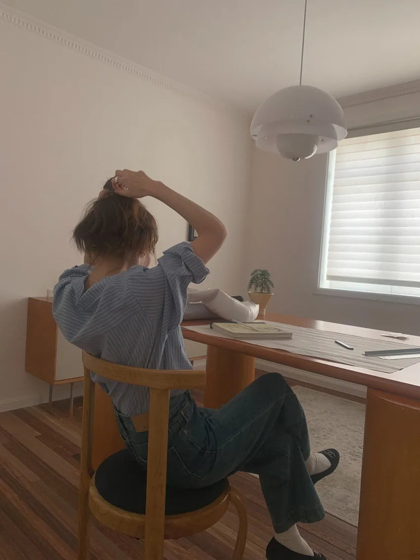 Chic Autumnal Vintage Loose Fit Long Sve Blue Striped irt Women's Faion Versatile Double ket Suit Collar Outfit