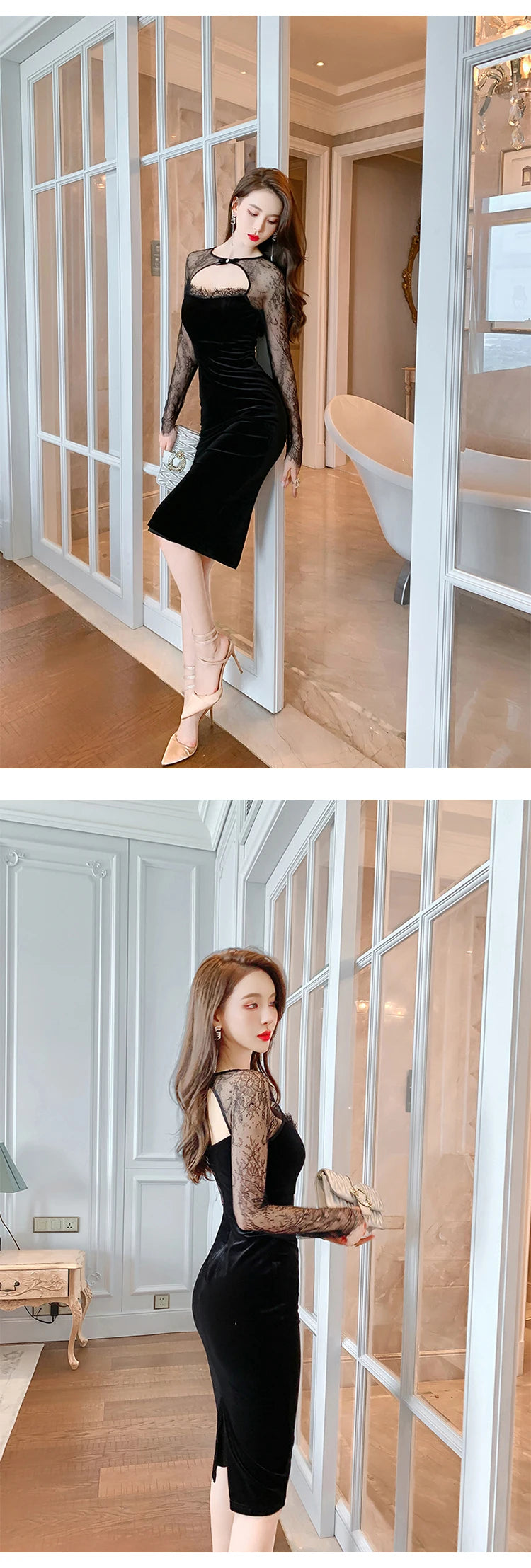 Spring Quality Elegant Sexy Dresses for Women 2023 Black Sheer Lace Hollow Cut Out Backless Midi Robe Femme Party Date Vestidos