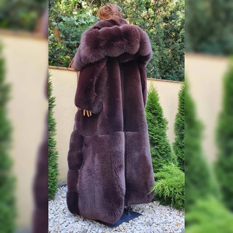 Genuine Full Pelt Fox Fur Jacket Women Winter Vintage Wine Red Hooded Straight Outertwear Luxury Real Fox Fur Coats Female