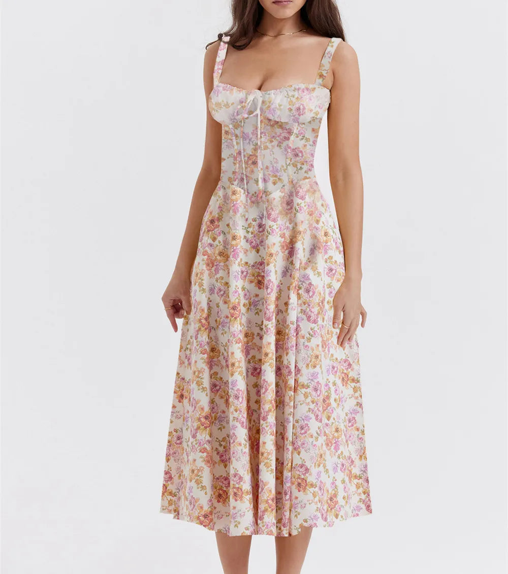 hirigin Floral Print Spaghetti Strap Pleated Midi Dress For Women Summer New Sleeveless Backless A-line Sexy Printed Long Dress