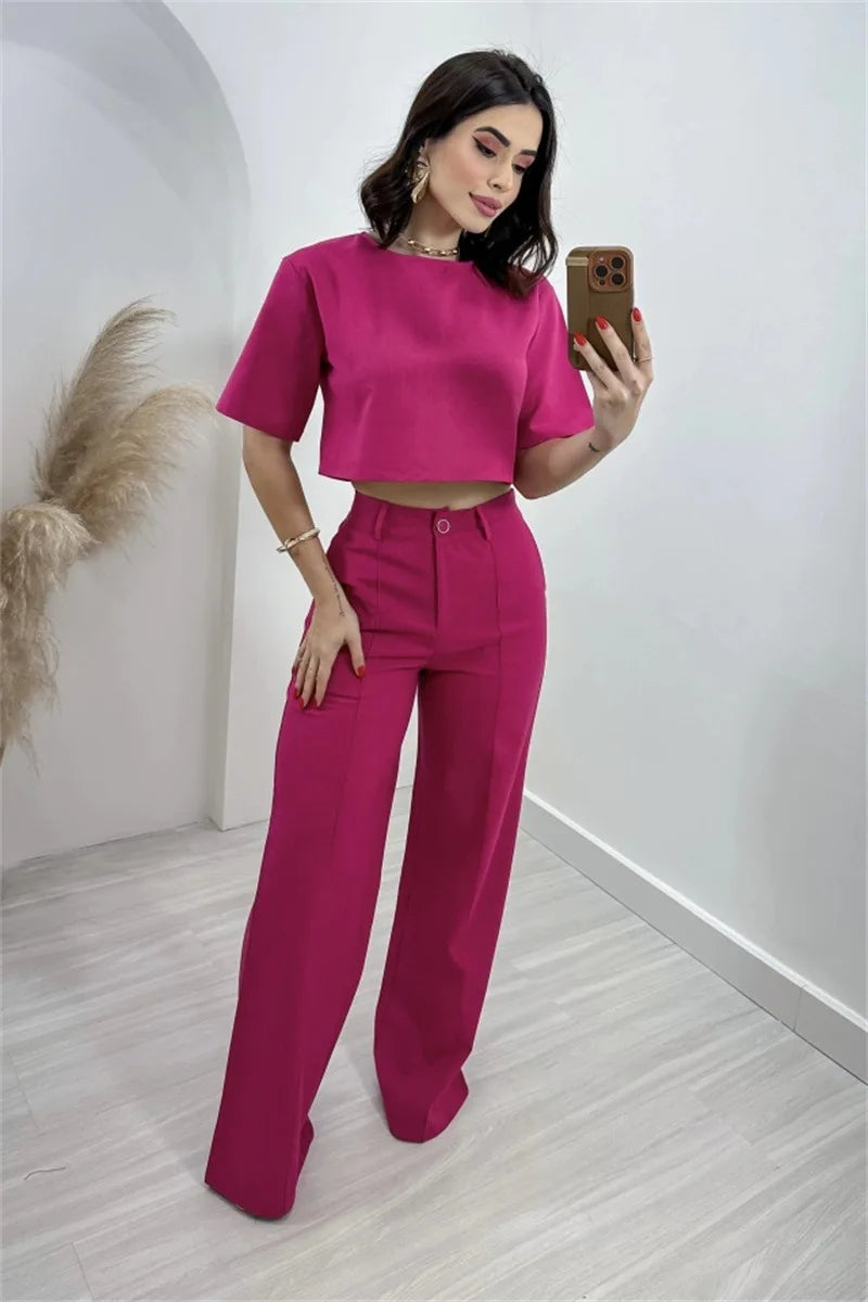 Casual New In Matching Two Piece Sets Women Summer 2024 Fashion Short Sleeve T-shirt Crop Tops High Waist Wide Leg Pant Sets