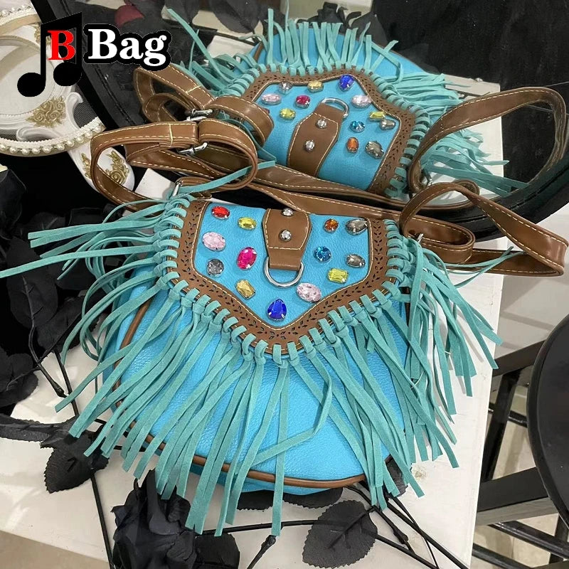 Vintage PU Leather Tassels Bags Y2K Women Girl Gemstone Fringed Shoulder Bags Female Punk Cross Messenger Bags phone bag