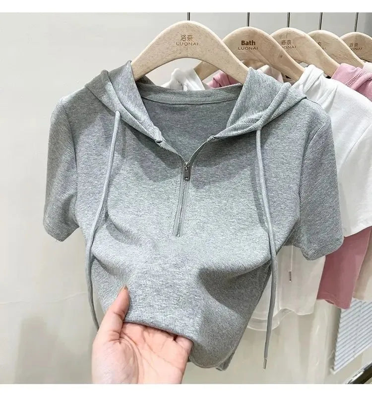 Hoodedslims Women's Double Zip Short Sleeve T-Shirt Cropped Top Sensible Design Polyester Fiber Summer 2025 New Arrival Jacket