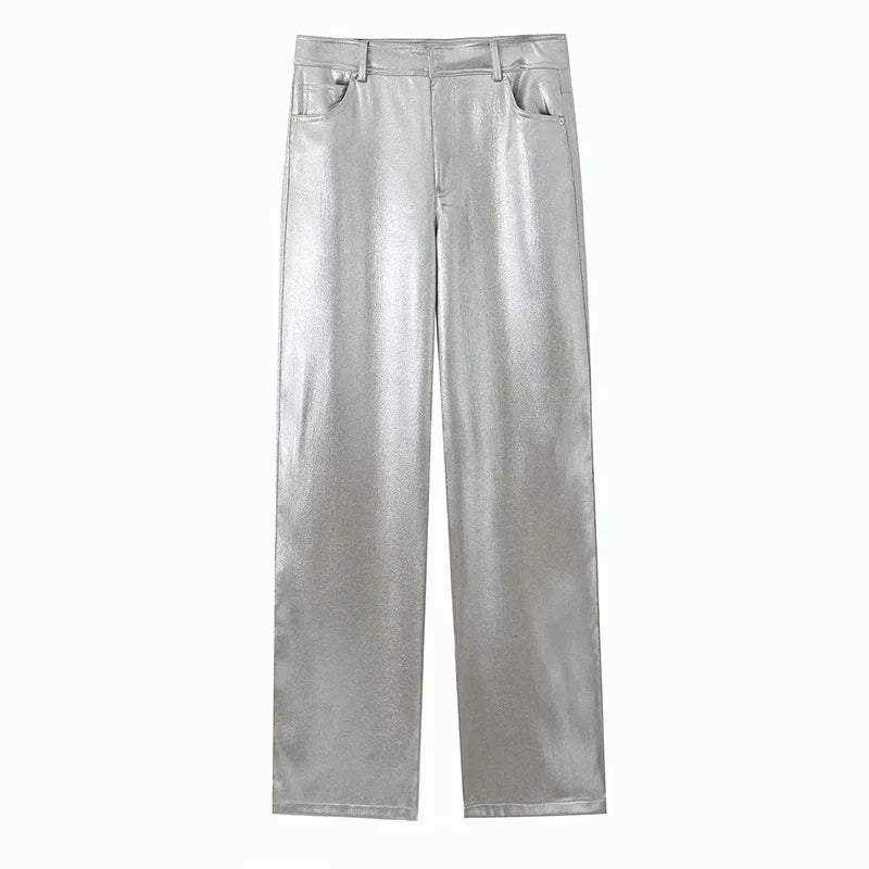 2024 Women Autumn Silver Wide Leg Fleece Pants Vintage High Waist Office Lady PU Female Trousers Women's Clothing Free Shipping