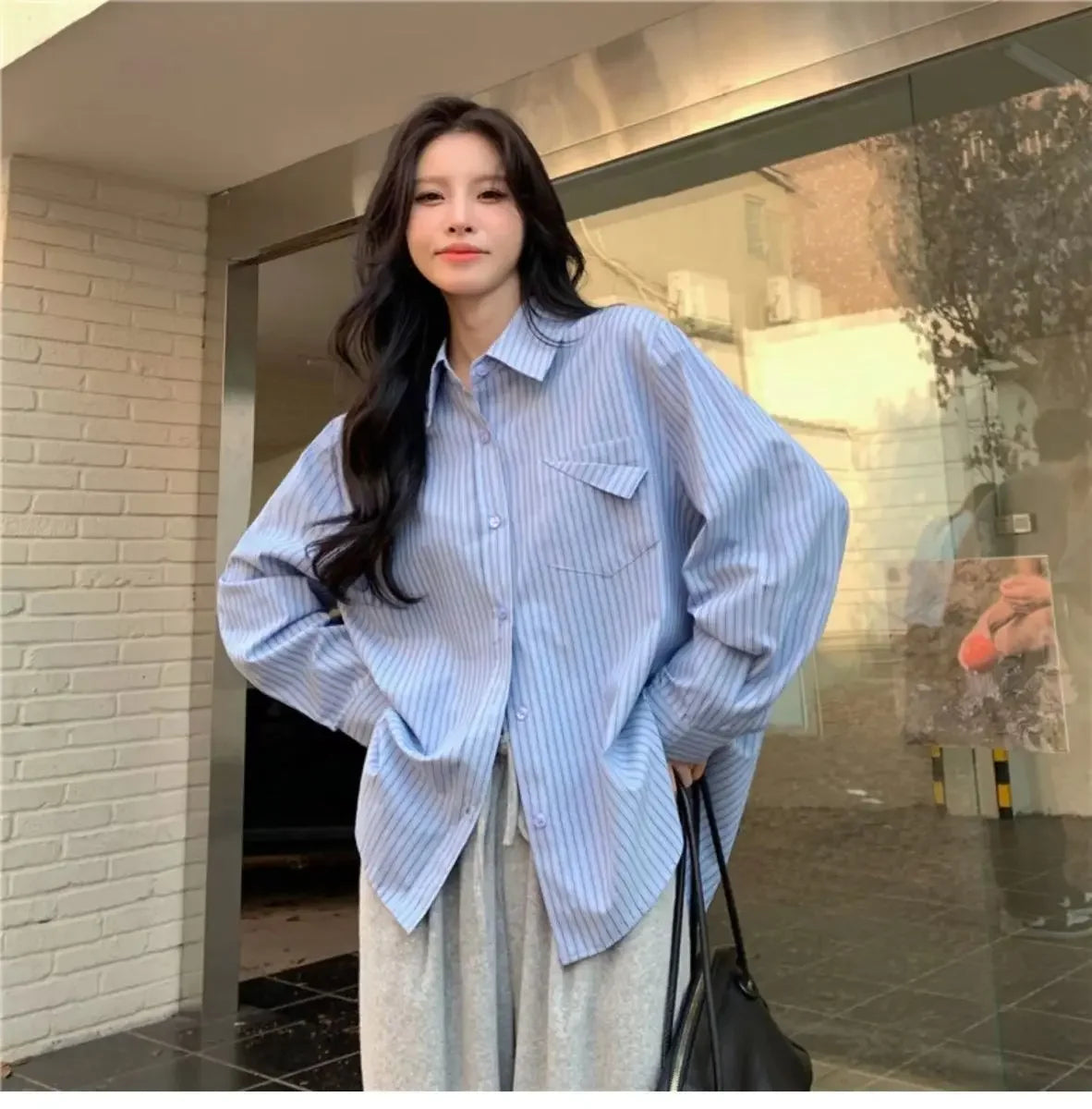 korean fashion Shirts for Women Loose Versatile Long Sleeves Blouse Pocket Casual Spring New Blue Striped Women's Shirt