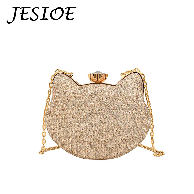 Fashion Ladies Clutch Bag Small Cat Shoulder Handbags Female Party Wedding Shine Evening Bag For Women Diamond Phone Chain Purse