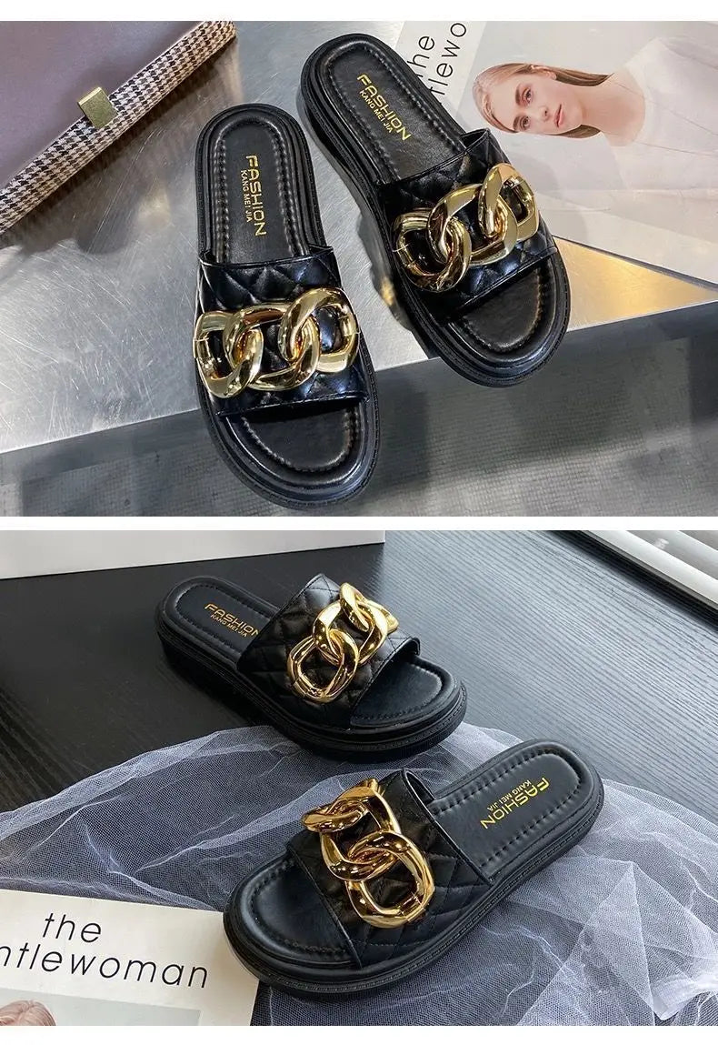 Net Red Fashion Thick Bottom Sandals And Slippers Women's All-match Summer Casual Metal Buckle One-word Slippers