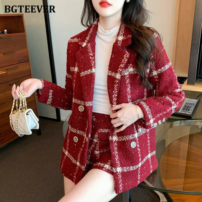BGTEEVER Winter Thicken Warm Ladies Plaid Blazer Suits Long Sleeve Double Breasted Suit Jackets & Shorts Women 2 Pieces Set
