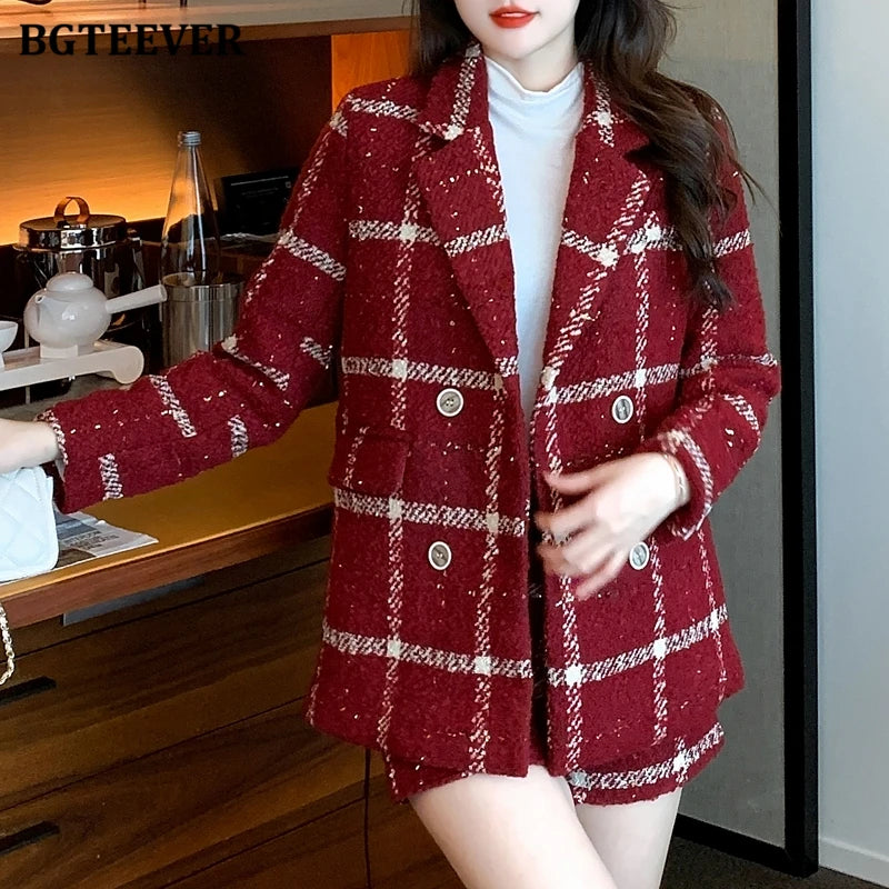 BGTEEVER Winter Thicken Warm Ladies Plaid Blazer Suits Long Sleeve Double Breasted Suit Jackets & Shorts Women 2 Pieces Set