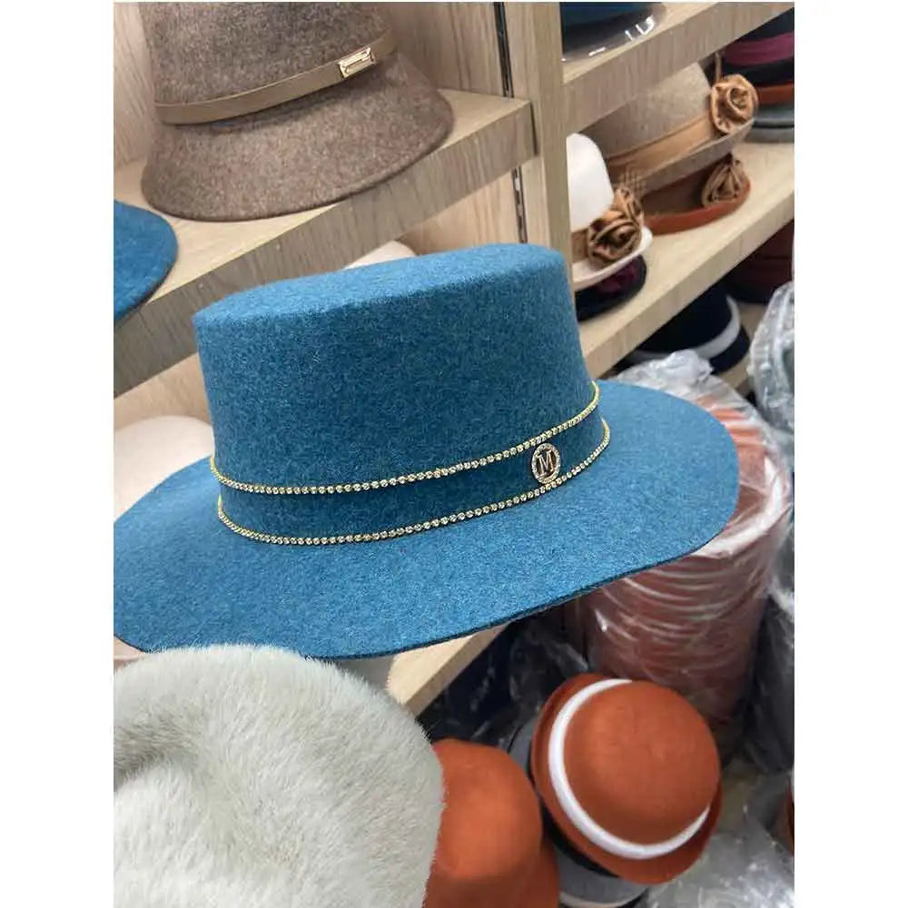 Autumn and Winter 100% Wool Hat Bell Hat Women's French Elegant Retro Hepburn Round Top Big brim Hat