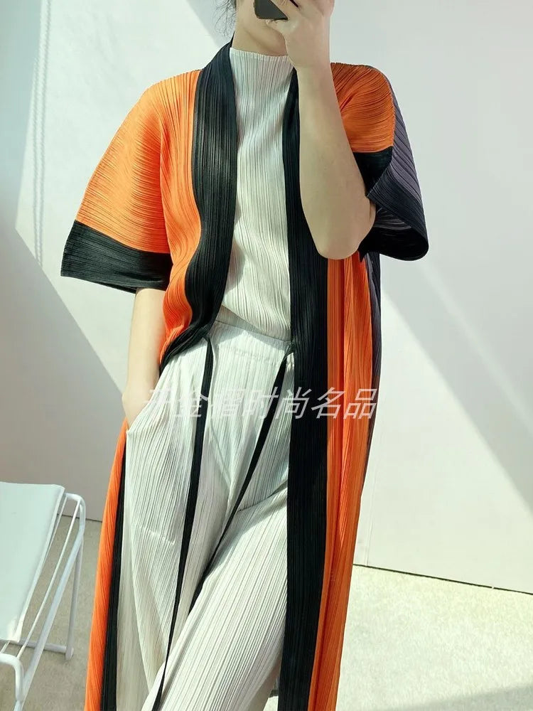 Women Printed Trench Miyake Pleated Fashion Printed Loose Plus Size Japan Style Belt Female Long Coats Tide