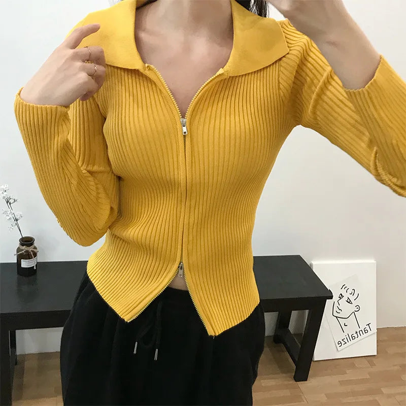 Elegant Korean Knitted Sweater Sexy Lapel Zipper Up Cardigan Women Vintage Harajuku Slim Coat Casual Ribbed Knit Cropped Tops