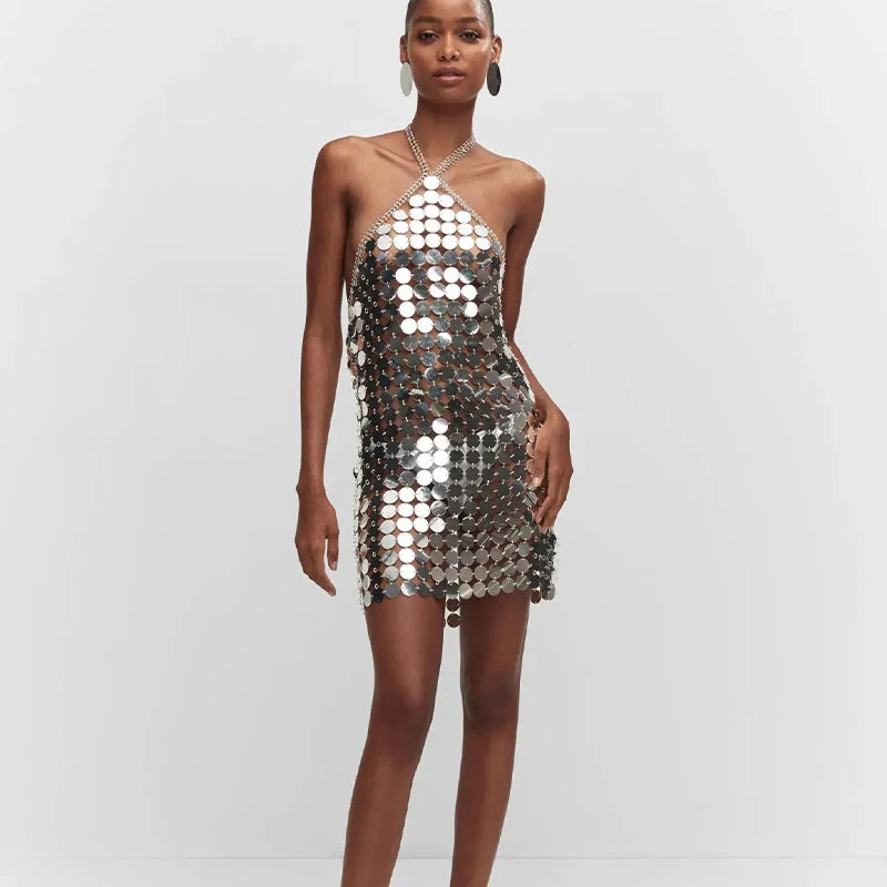 Female Silver Backless Halter Sequin Disc Chainmail Mini Cocktail Dresses Night Club Party Dress with metallic discs
