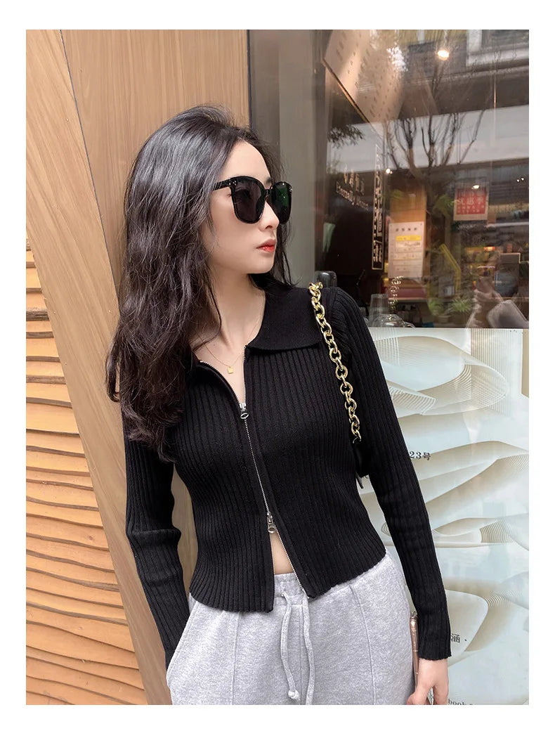 Elegant Korean Knitted Sweater Sexy Lapel Zipper Up Cardigan Women Vintage Harajuku Slim Coat Casual Ribbed Knit Cropped Tops