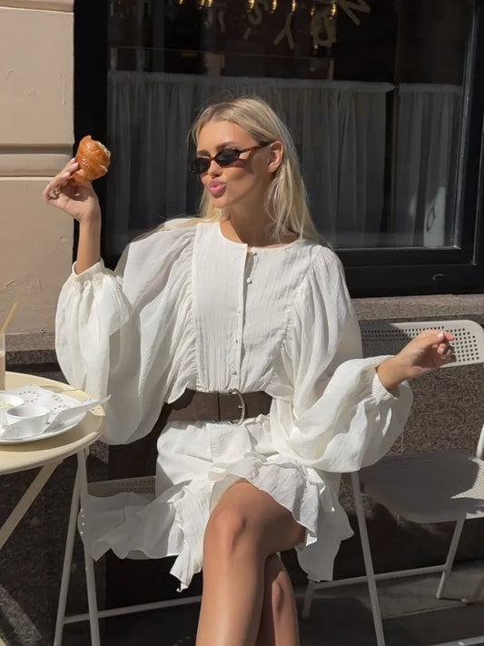 Women Single Breasted Ruffles Dress Fashion Solid Lantern Sleeve Loose Pleated Vestidos Summer Lady Vacation Party Gowns 2025