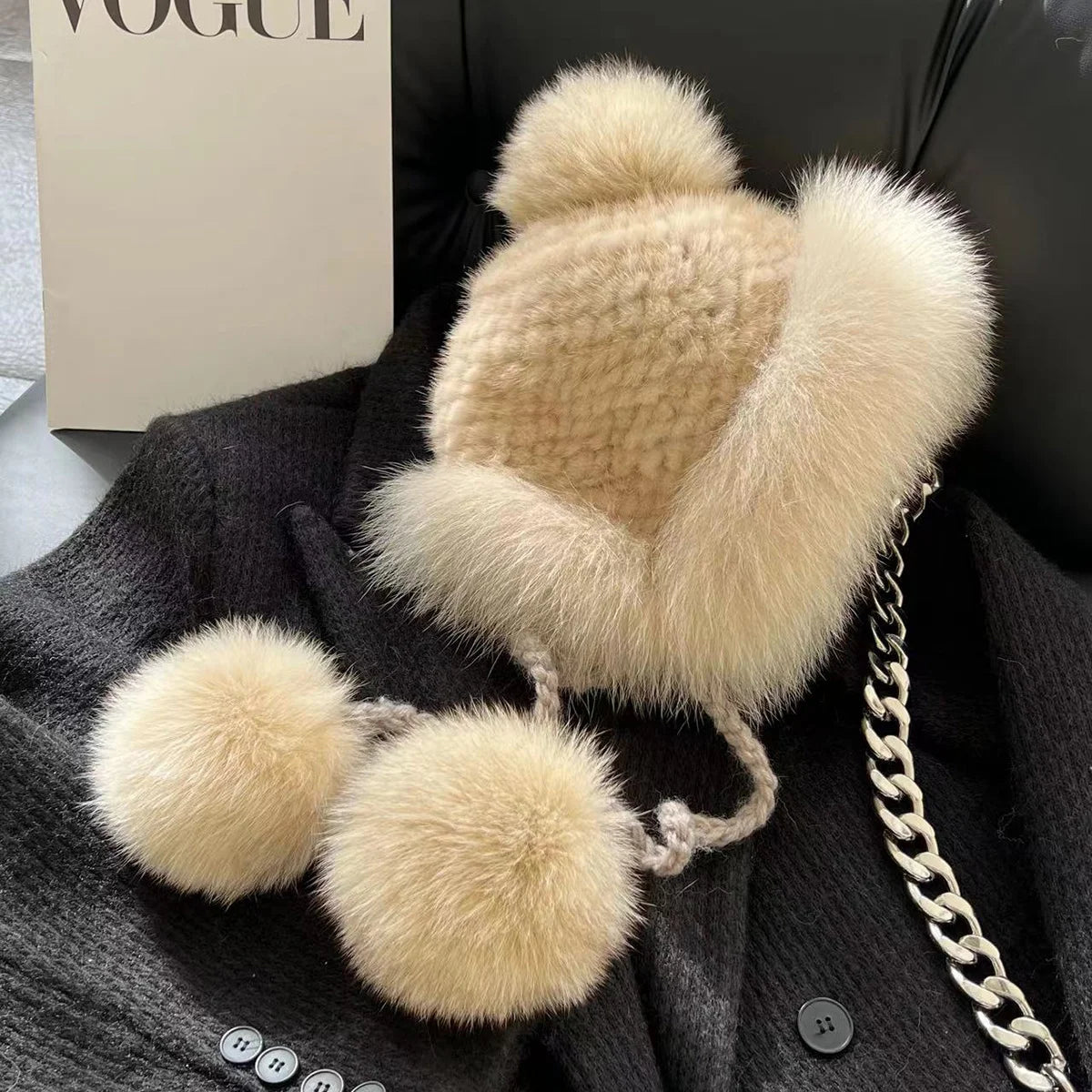 Real Mink Fur Hat For Women Winter Natural Fur Lei Feng Hat With Fox Fur Ball Thicked Ear Protection Hat Female Hand Knitted Hat