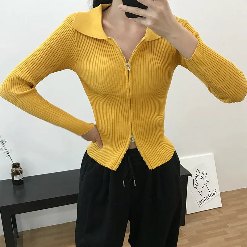 Elegant Korean Knitted Sweater Sexy Lapel Zipper Up Cardigan Women Vintage Harajuku Slim Coat Casual Ribbed Knit Cropped Tops