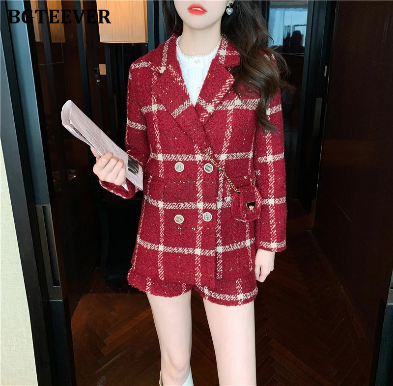 BGTEEVER Winter Thicken Warm Ladies Plaid Blazer Suits Long Sleeve Double Breasted Suit Jackets & Shorts Women 2 Pieces Set