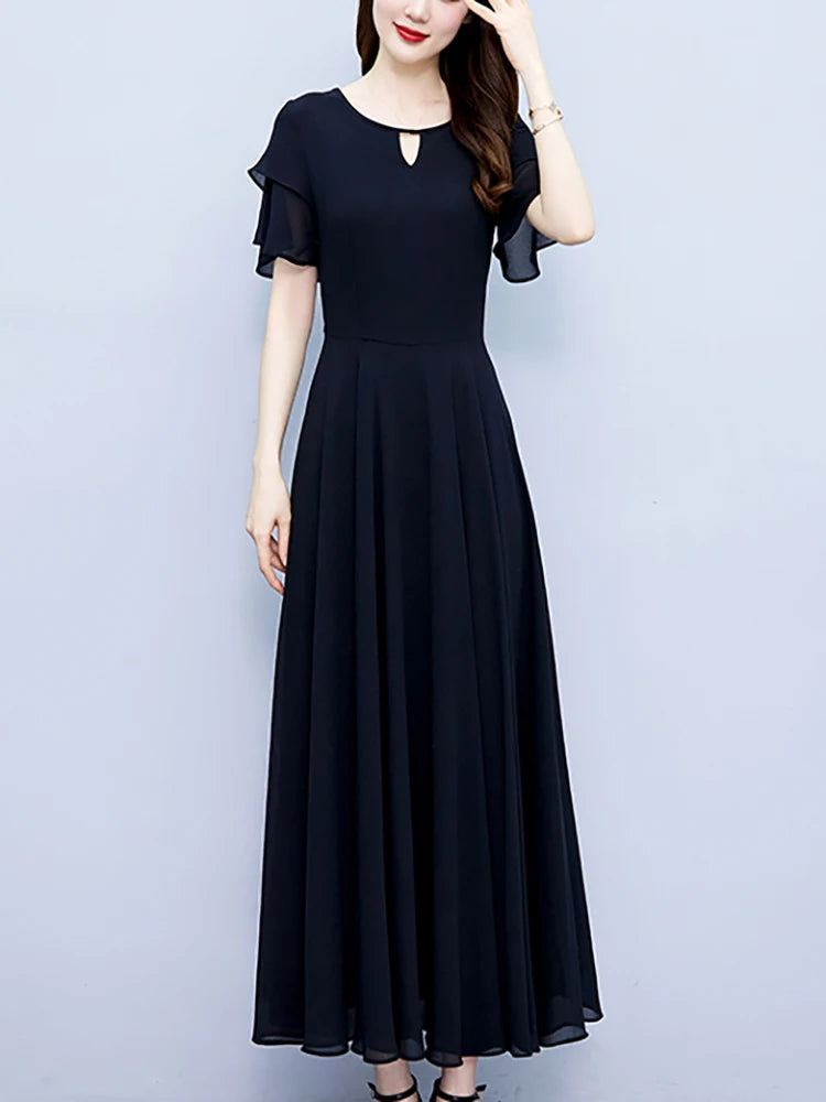 2024 Black Chic Ruffled Short Sleeve Midi Vestidos Women Vintage Hepburn Prom Long Robe Summer Solid Elegant Bodycon Party Dress